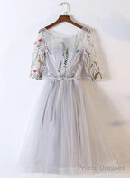 Beautiful Grey Tulle Round Neckline With Flowers Party Dress, Short Prom Dress