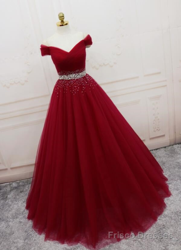 Beautiful Handmade A-Line Prom Dress , Off Shoulder Wine Red Party Dress