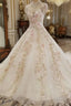 Beautiful Ivory High Neckline Tulle With Flower Lace Party Dress, Ivory Wedding Dress