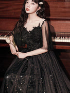 Beautiful Lace Applique Top Gradient Tulle Long Party Dress, Black Long Formal Dress Prom Dresses