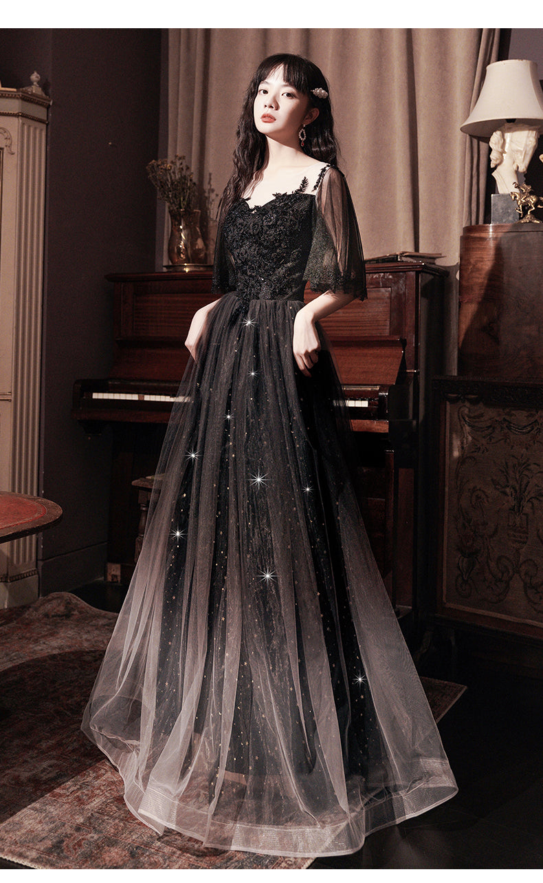 Beautiful Lace Applique Top Gradient Tulle Long Party Dress, Black Long Formal Dress Prom Dresses