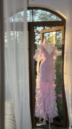 Beautiful Lavender Deep V-Neck Suspender Lace Ruffled Mermaid Prom Dress