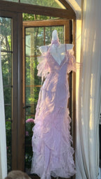 Beautiful Lavender Deep V-Neck Suspender Lace Ruffled Mermaid Prom Dress