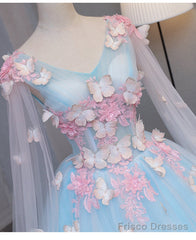 Beautiful Light Blue Butterfly Lace Ball Gown Prom Dresses, Sweet 16 Formal Dresses