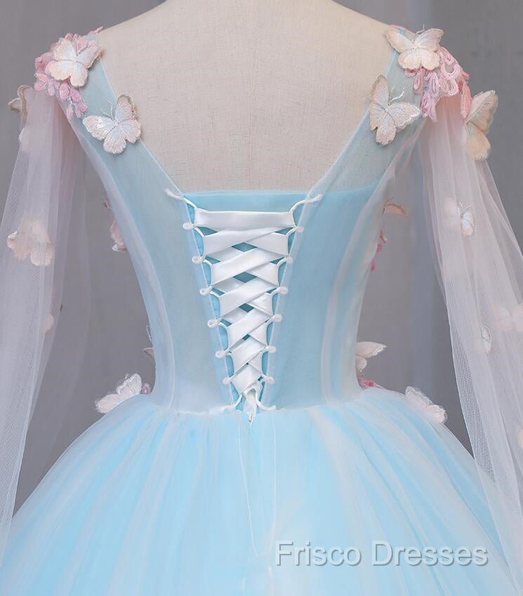 Beautiful Light Blue Butterfly Lace Ball Gown Formal Prom Dress, Sweet 16 Formal Dress
