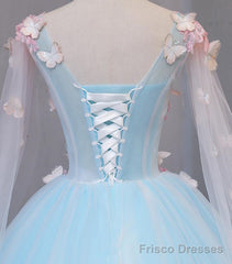 Beautiful Light Blue Butterfly Lace Ball Gown Prom Dresses, Sweet 16 Formal Dresses