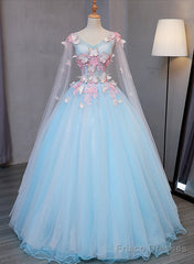 Beautiful Light Blue Butterfly Lace Ball Gown Prom Dresses, Sweet 16 Formal Dresses
