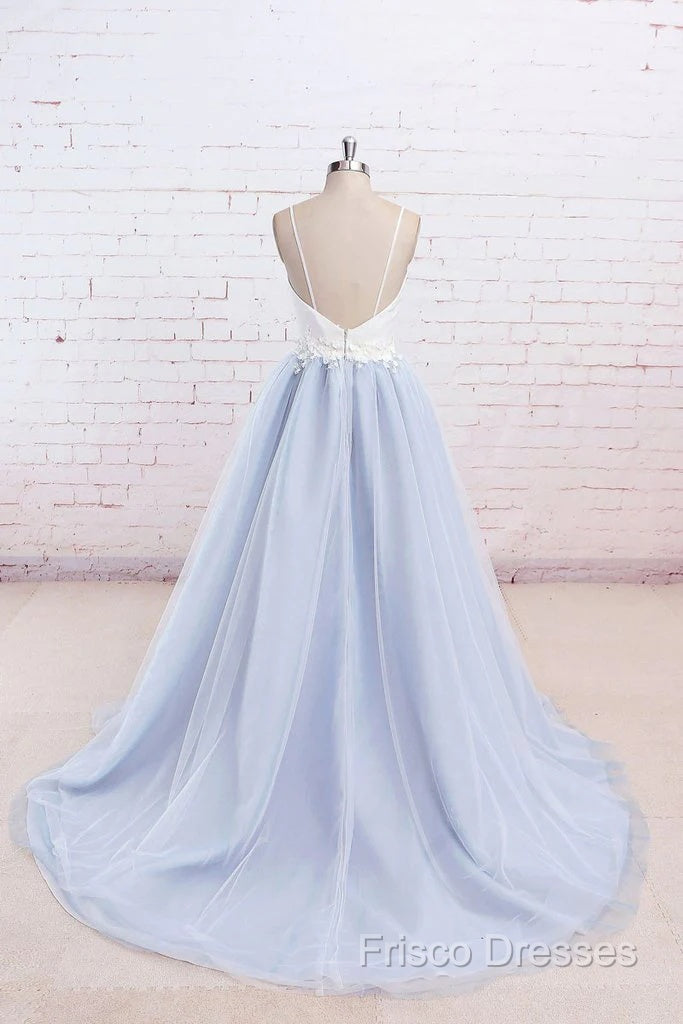 Beautiful Light Blue Tulle And White Top Long Wedding Party Gowns, Straps Junior Formal Prom Dress Secondary image