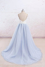Beautiful Light Blue Tulle And White Top Long Wedding Party Gowns, Straps Junior Formal Prom Dress