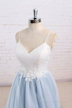 Beautiful Light Blue Tulle And White Top Long Wedding Party Gowns, Straps Junior Formal Prom Dress