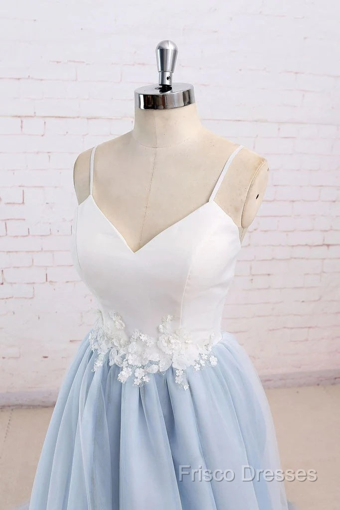 Beautiful Light Blue Tulle And White Top Long Wedding Party Gowns, Straps Junior Formal Prom Dress