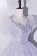 Beautiful Light Blue Tulle Sequins Prom Dress, Scoop Neck Short Sleeve Puffy Floor-Length Evening Dress