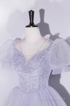 Beautiful Light Blue Tulle Sequins Formal Prom Dress, Scoop Neck Short Sleeve Puffy Floor-Length Formal Dress