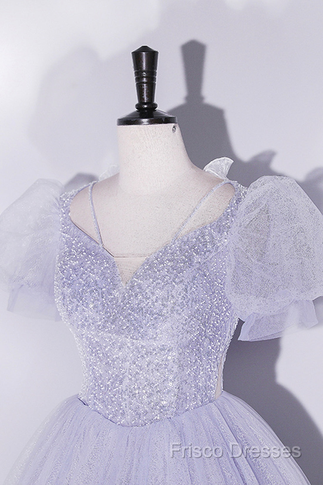 Beautiful Light Blue Tulle Sequins Formal Prom Dress, Scoop Neck Short Sleeve Puffy Floor-Length Formal Dress