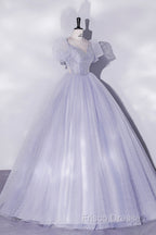 Beautiful Light Blue Tulle Sequins Formal Prom Dress, Scoop Neck Short Sleeve Puffy Floor-Length Formal Dress