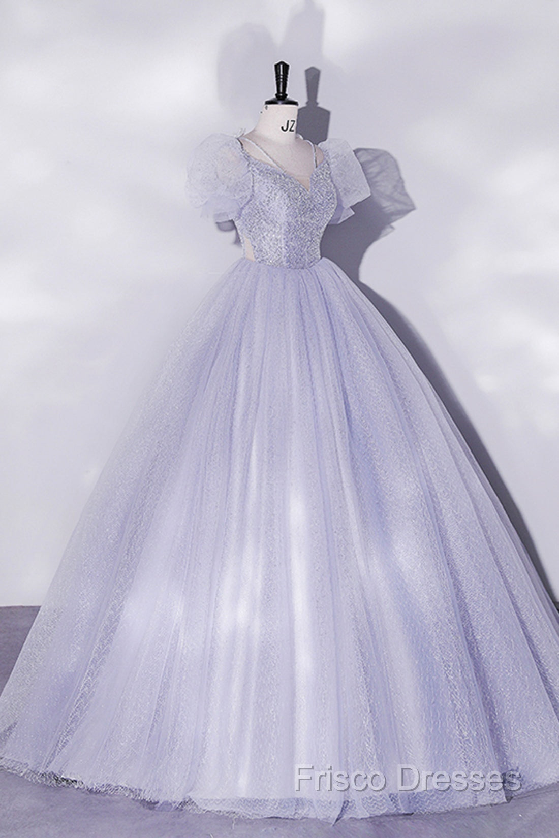 Beautiful Light Blue Tulle Sequins Formal Prom Dress, Scoop Neck Short Sleeve Puffy Floor-Length Formal Dress