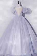 Beautiful Light Blue Tulle Sequins Formal Prom Dress, Scoop Neck Short Sleeve Puffy Floor-Length Formal Dress