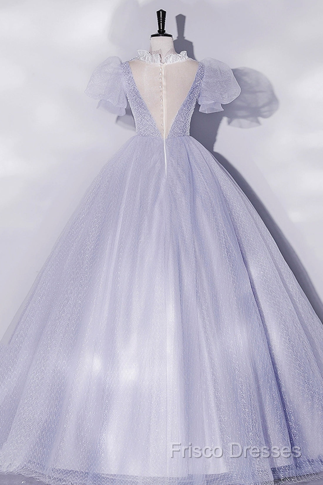 Beautiful Light Blue Tulle Sequins Formal Prom Dress, Scoop Neck Short Sleeve Puffy Floor-Length Formal Dress