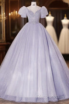 Beautiful Light Blue Tulle Sequins Formal Prom Dress, Scoop Neck Short Sleeve Puffy Floor-Length Formal Dress