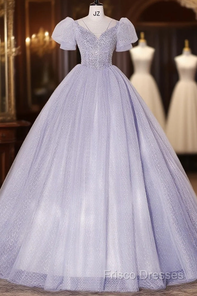 Beautiful Light Blue Tulle Sequins Formal Prom Dress, Scoop Neck Short Sleeve Puffy Floor-Length Formal Dress
