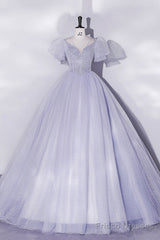 Beautiful Light Blue Tulle Sequins Prom Dress, Scoop Neck Short Sleeve Puffy Floor-Length Evening Dress