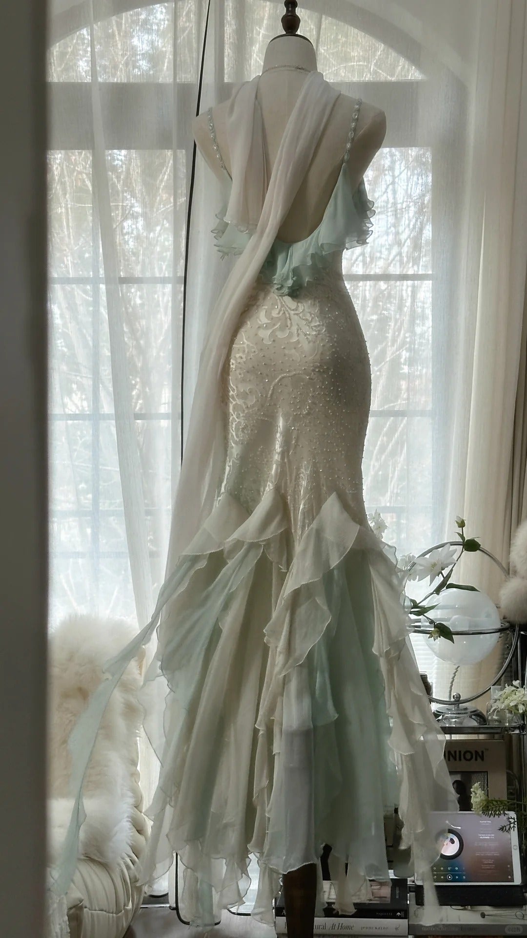 Beautiful Light Blue V-neck Ruffled Beaded Chiffon Mermaid Long Prom Dress
