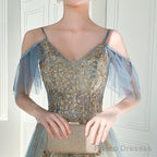 Beautiful Light Blue V-Neckline Long Lace Applique Formal Dress, Blue Evening Gown