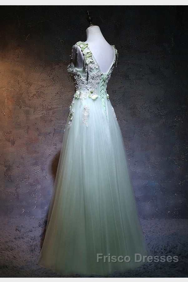 Beautiful Light Green Tulle Long Party Dress, A-Line Floor Length Formal Prom Dress