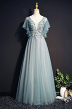 Beautiful Light Green Tulle Long Party Dress, Green Lace Low Back Formal Prom Dress Evening Dress