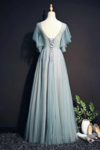 Beautiful Light Green Tulle Long Party Dress, Green Lace Low Back Formal Prom Dress Evening Dress