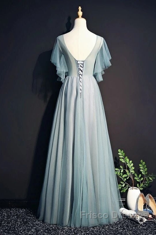 Beautiful Light Green Tulle Long Party Dress, Green Lace Low Back Formal Prom Dress Evening Dress