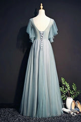 Beautiful Light Green Tulle Long Party Dress, Green Lace Low Back Prom Dress Evening Dress