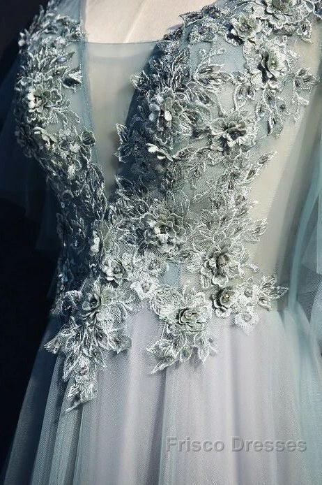 Beautiful Light Green Tulle Long Party Dress, Green Lace Low Back Formal Prom Dress Evening Dress
