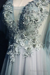 Beautiful Light Green Tulle Long Party Dress, Green Lace Low Back Prom Dress Evening Dress