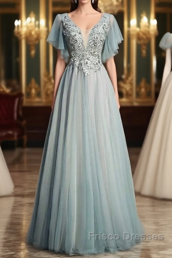 Beautiful Light Green Tulle Long Party Dress, Green Lace Low Back Formal Prom Dress Evening Dress Main image