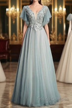 Beautiful Light Green Tulle Long Party Dress, Green Lace Low Back Formal Prom Dress Evening Dress