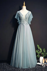 Beautiful Light Green Tulle Long Party Dress, Green Lace Low Back Prom Dress Evening Dress
