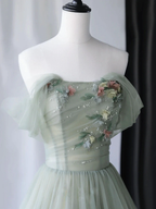 Green Beautiful Charming Floral Applique Tulle Long Formal Prom Dress,Evening Dress,Party Dress