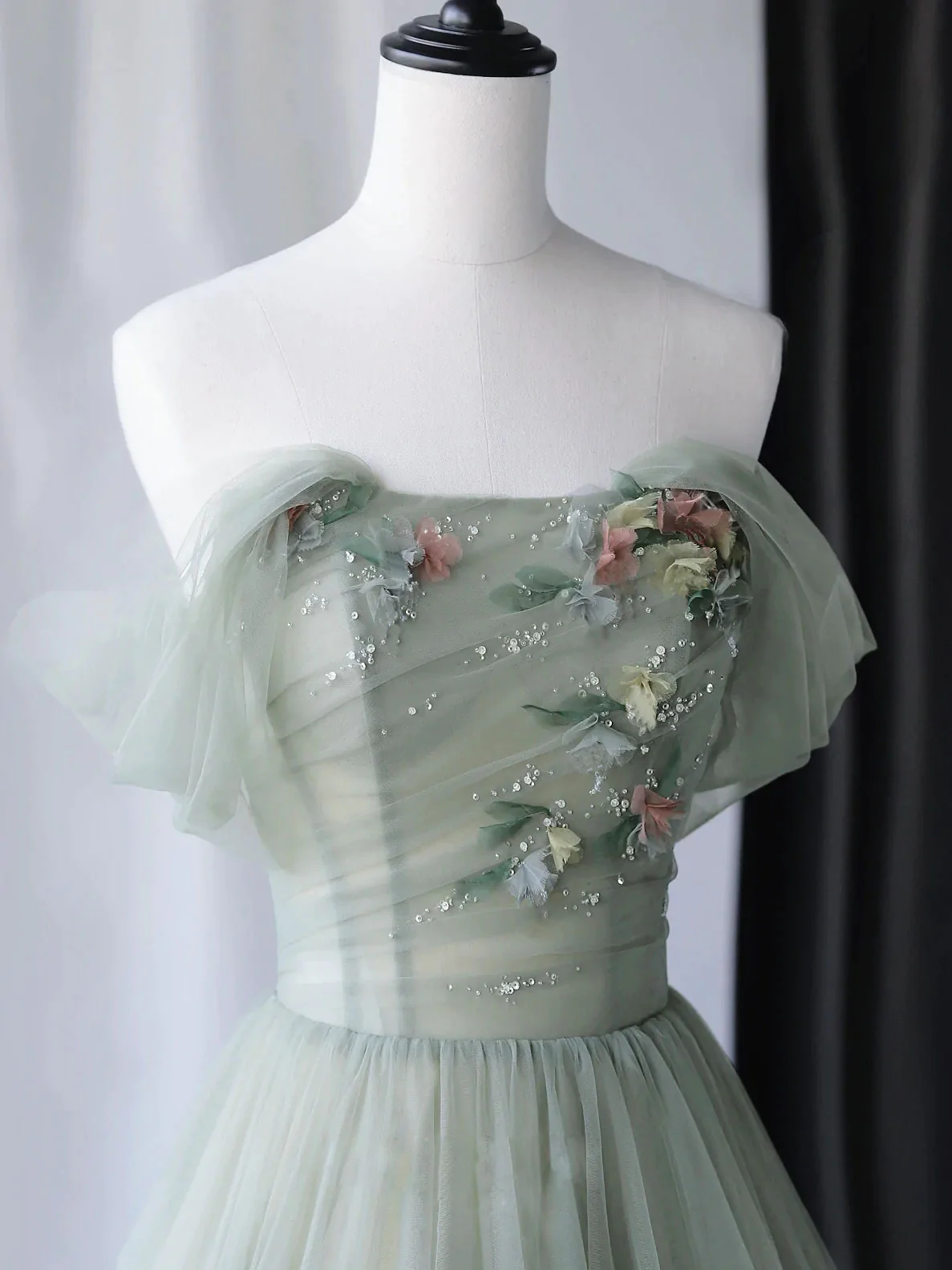 Green Beautiful Charming Floral Applique Tulle Long Formal Prom Dress,Evening Dress,Party Dress
