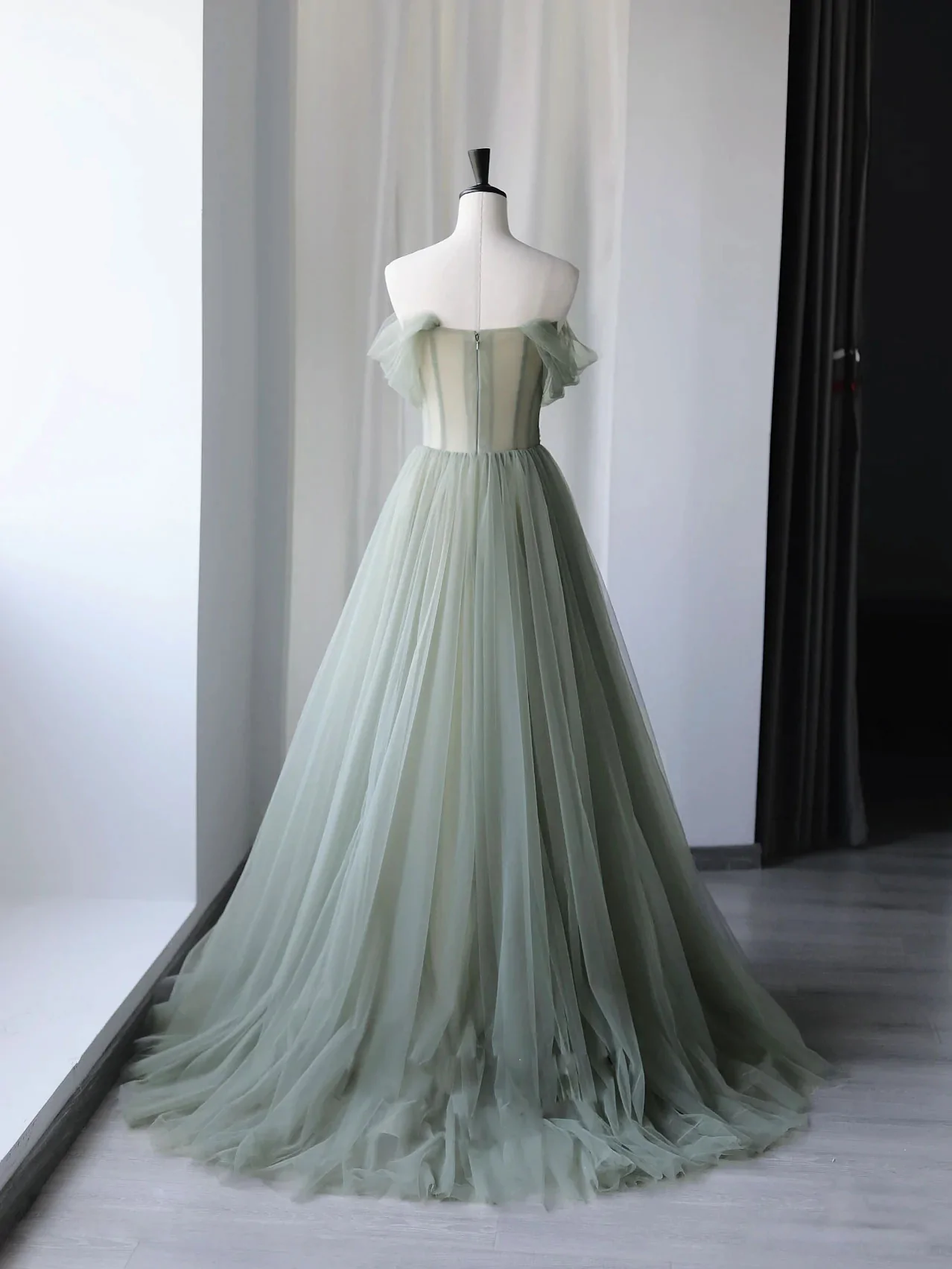 Green Beautiful Charming Floral Applique Tulle Long Formal Prom Dress,Evening Dress,Party Dress