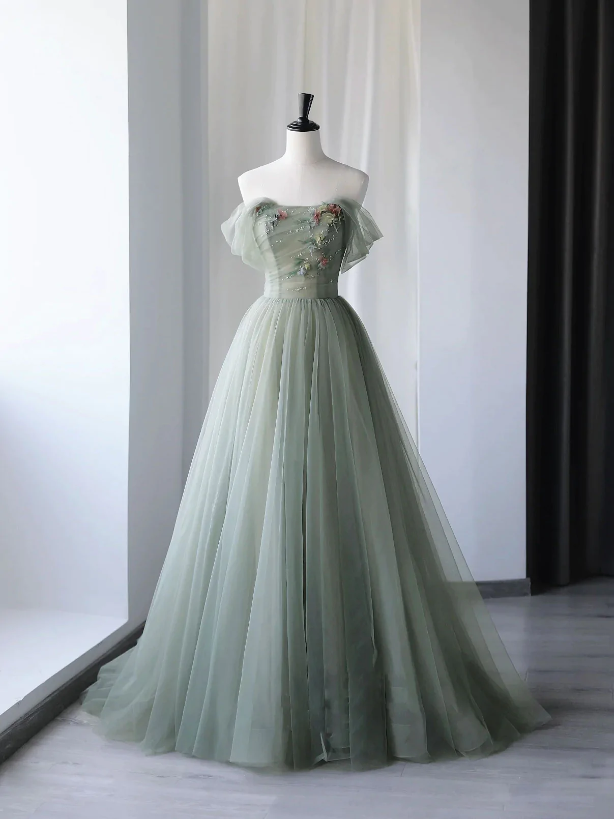 Green Beautiful Charming Floral Applique Tulle Long Formal Prom Dress,Evening Dress,Party Dress Main image
