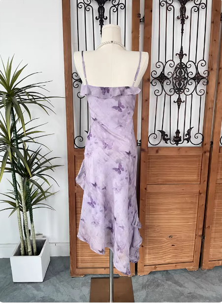 Beautiful Light Purple Spaghetti Strap Butterfly Printed Chiffon Prom Dress