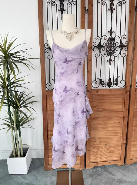 Beautiful Light Purple Spaghetti Strap Butterfly Printed Chiffon Prom Dress Main image