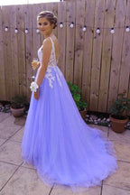 Beautiful Light Purple Tulle Dress, White Lace And Lavender Prom Dress