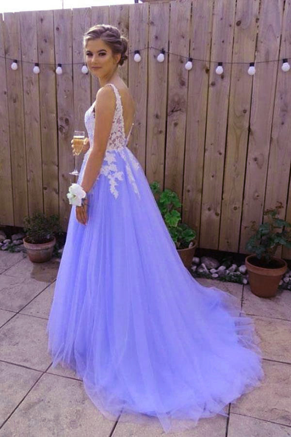 Beautiful Light Purple Tulle Dress, White Lace And Lavender Prom Dress