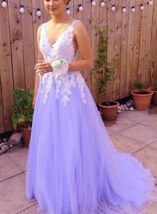 Beautiful Light Purple Tulle Dress, White Lace And Lavender Prom Dress Main image