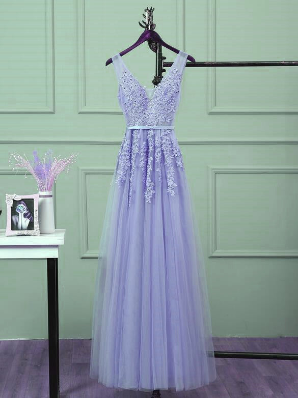 Beautiful Light Purple Tulle Long Party Gown, A-Line V-Neckline Prom Dress Secondary image