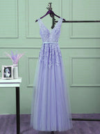Beautiful Light Purple Tulle Long Party Gown, A-Line V-Neckline Prom Dress