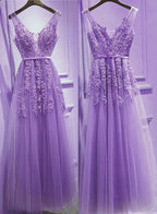 Beautiful Light Purple Tulle V-Neckline Party Dress , Tulle Formal Gowns