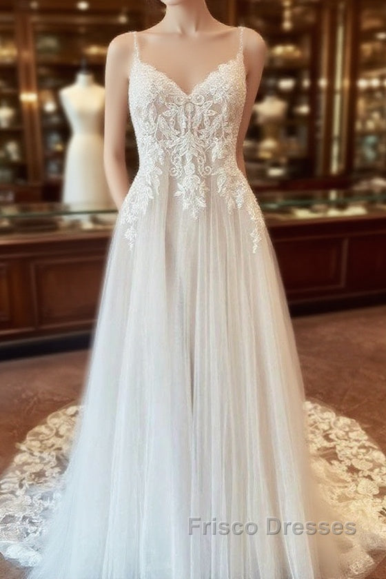 Beautiful Long A-line Backless Tulle Wedding Dress with Appliques Lace Main image